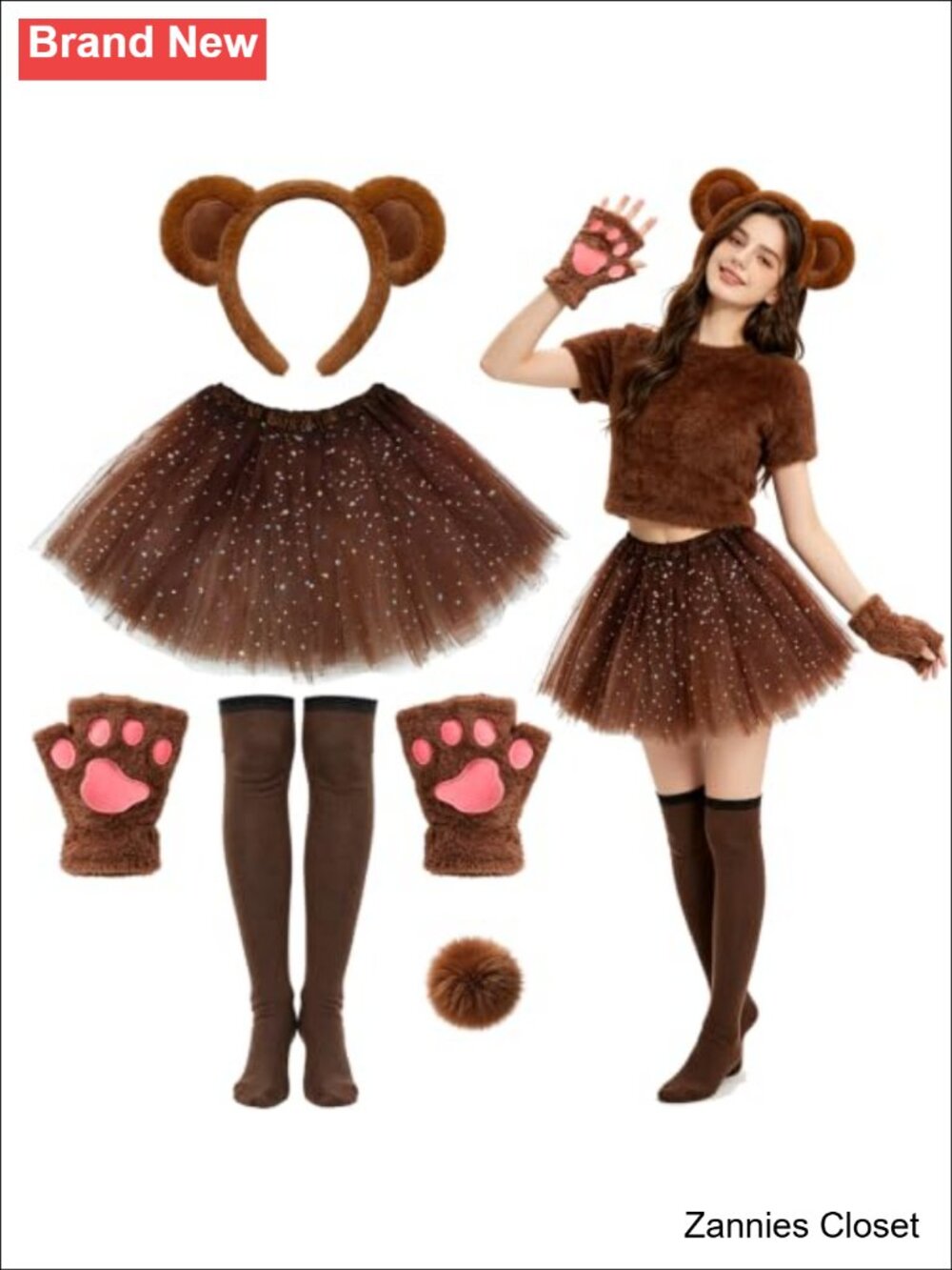 👻 Bear Costume Accessories Set Plush Ears Headband, Paw Gloves, Tutu Skirt,